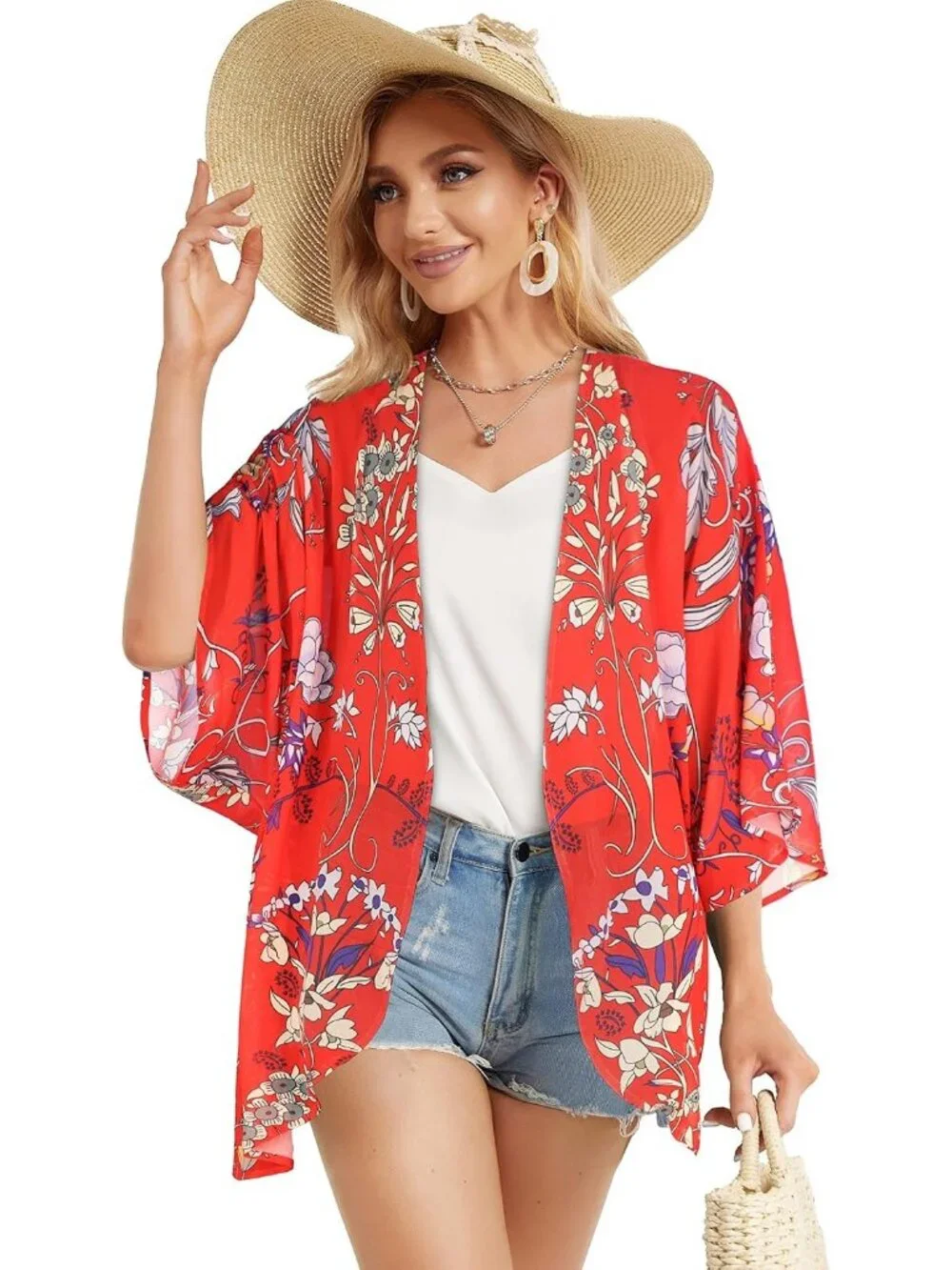 Womens Red Polyester Kimono Cardigan Beach Swimwear Cover Up Floral Puff Sleeve